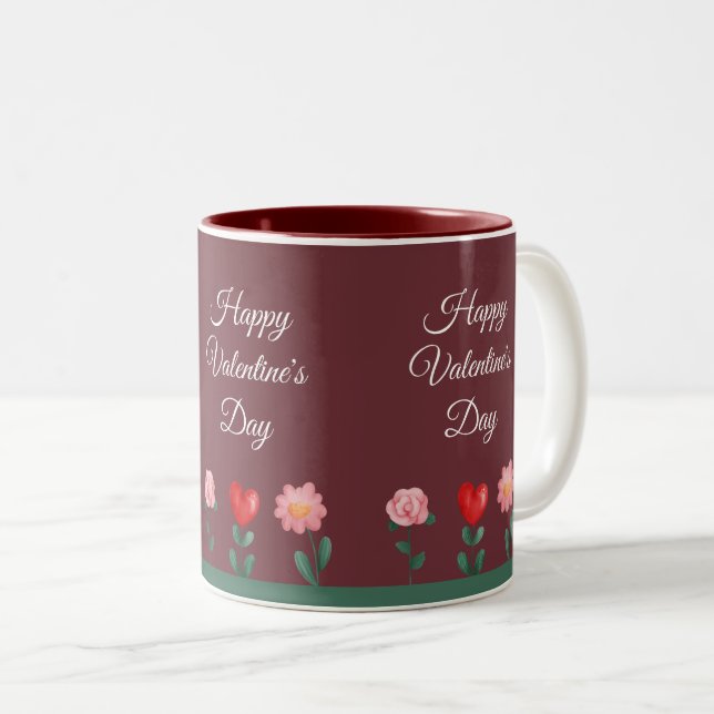 Happy Valentine's Day cottage flowers Two-Tone Coffee Mug (Front Right)