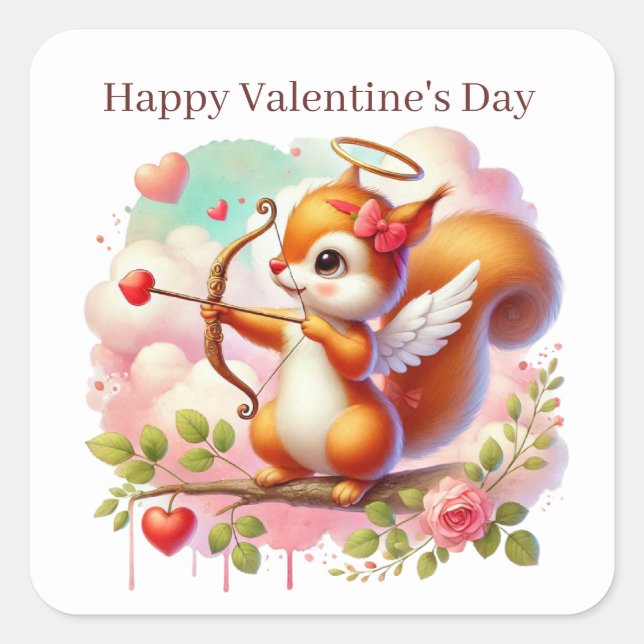 Happy Valentine's Day cupid squirrel Square Sticker (Front)