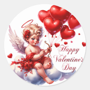 Happy Valentine's Day Cupid with Red Hearts Classic Round Sticker