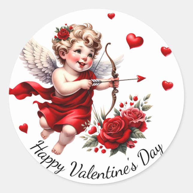 Happy Valentine's Day Cupid with Red Hearts & Rose Classic Round Sticker (Front)
