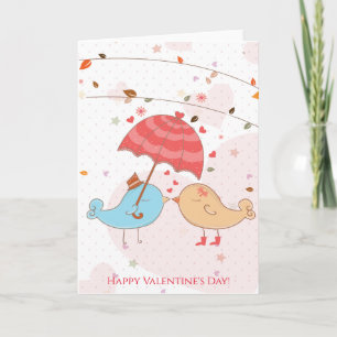 Happy Valentine's Day Cute Birds Hearts Umbrella Holiday Card