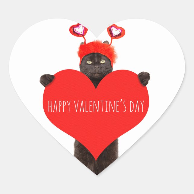 Happy Valentine's Day Cute Cat Holding Heart Humou Heart Sticker (Front)