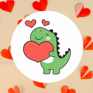 Happy Valentines Day Cute Dinosaur Red Heart Classic Round Sticker