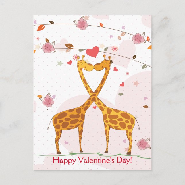 Happy Valentine's Day Cute Giraffes Flowers Holiday Postcard (Front)
