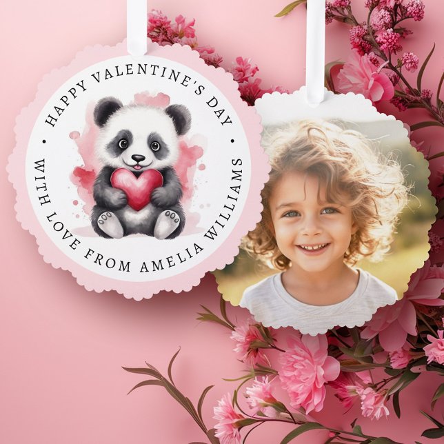 Happy Valentines day cute panda with heart photo Ornament Card (Happy Valentines day cute panda with heart photo Ornament Card)