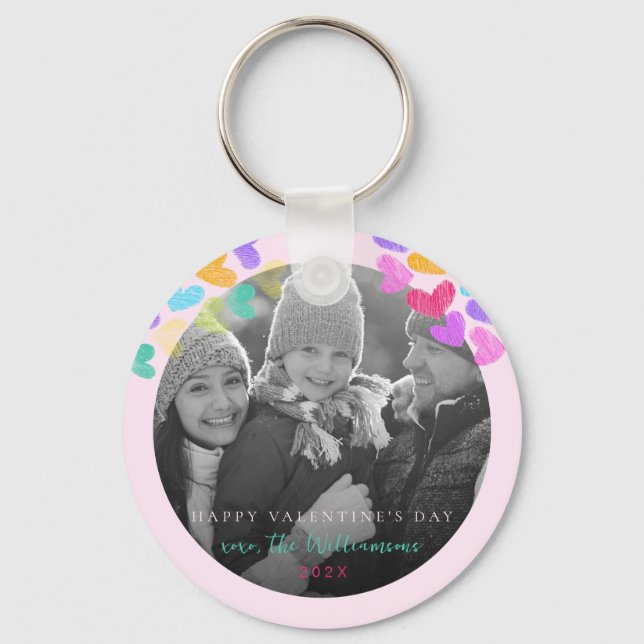 Happy Valentines Day Cute Pastel Hearts Photo Keychain (Front)
