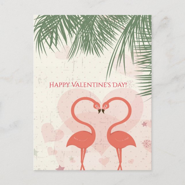 Happy Valentine's Day Cute Pink Flamingo Palm Tree Holiday Postcard (Front)