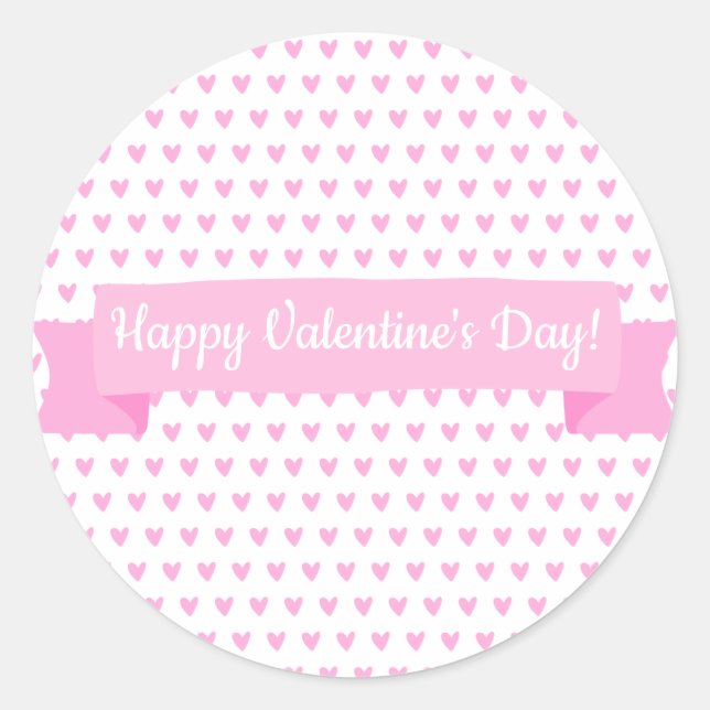 Happy Valentine's Day | Cute Pink Hearts Pattern Classic Round Sticker (Front)
