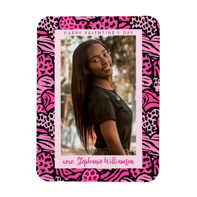 Happy Valentines Day Cute Pink Jungle Hearts Photo Magnet (Vertical)