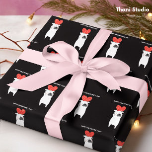 Happy Valentine's Day Cute Pug & Red Heart Black Wrapping Paper