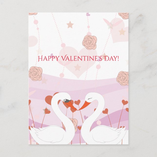 Happy Valentine's Day Cute Romantic Swans Roses Holiday Postcard (Front)