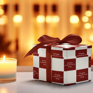 Happy Valentine's Day Dark Red White Check Pattern Wrapping Paper