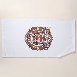 Happy Valentines Day Dog Red Heart Floral Frame_1 Beach Towel