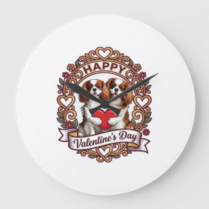 Happy Valentines Day Dog Red Heart Floral Frame_1 Large Clock