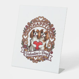 Happy Valentines Day Dog Red Heart Floral Frame_1 Pedestal Sign