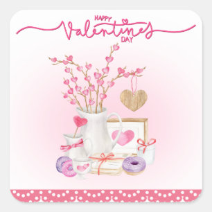Happy Valentines Day Doughnuts Vase Hearts Square Sticker