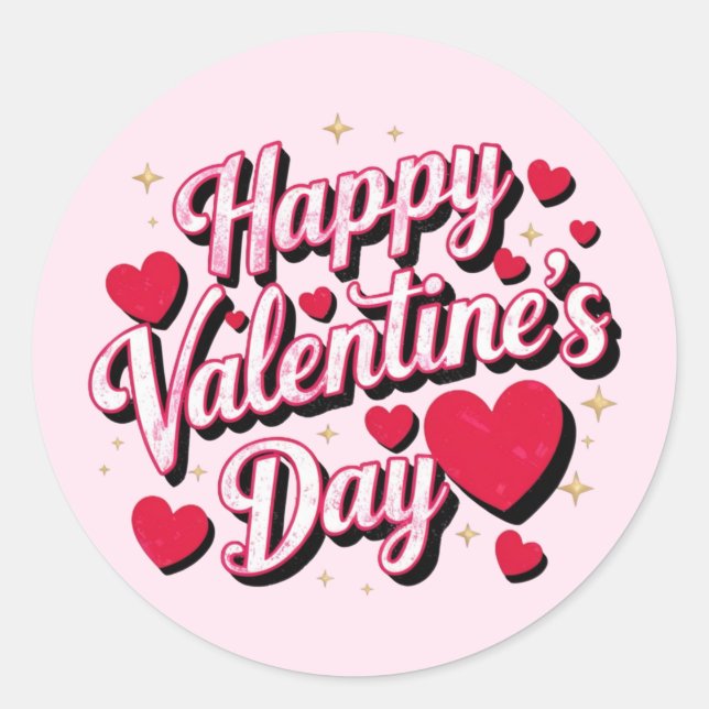 Happy Valentine's Day elegant script pink hearts   Classic Round Sticker (Front)