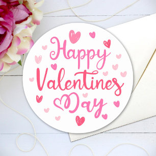 Happy Valentine's Day Elegant Script Pink Hearts Classic Round Sticker