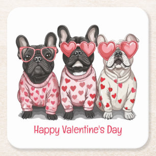 Happy Valentines Day French Bulldog Square Paper Coaster