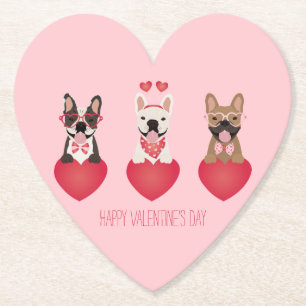 Happy Valentines Day French Bulldogs Paper Coaster