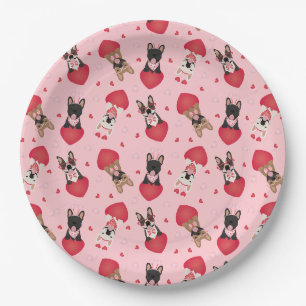 Happy Valentines Day French Bulldogs Paper Plate