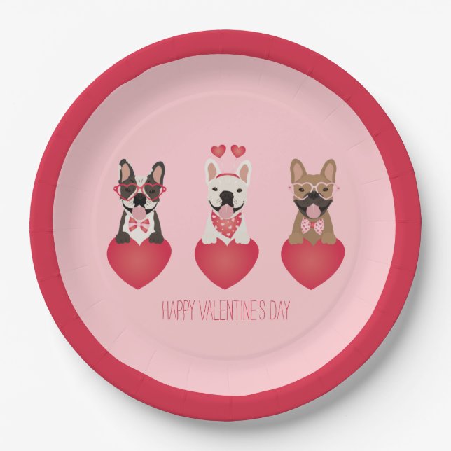 Happy Valentines Day French Bulldogs Paper Plate (Front)