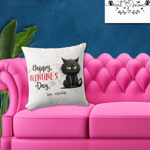 Happy Valentines Day Funny Black Cat  Throw Pillow