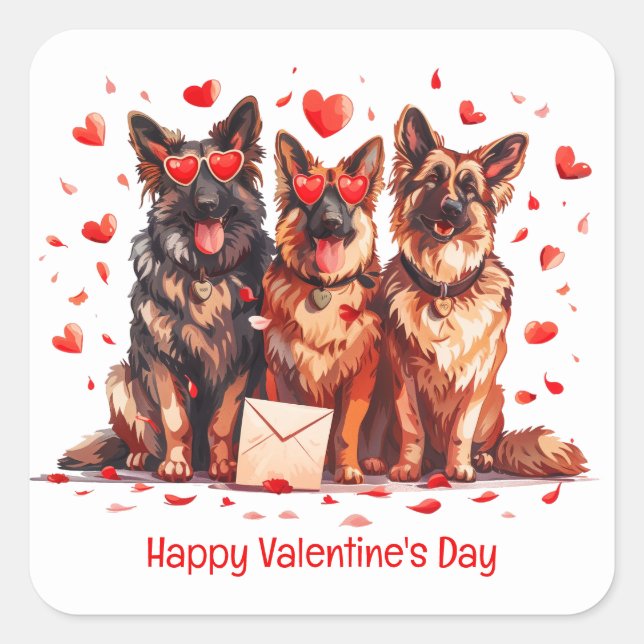 Happy Valentines Day German Shepherd Dogs Square Sticker (Front)