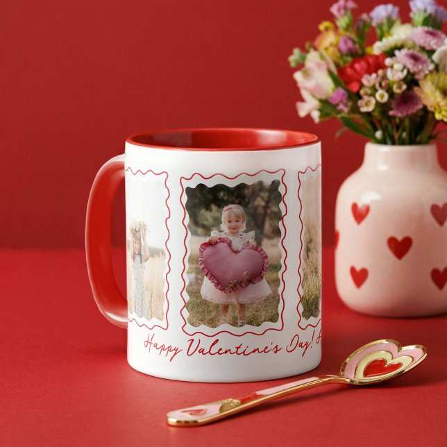 Happy Valentines Day Gift Retro Wavy Photo Collage Mug (Happy Valentines Day Gift Retro Wavy Photo Collage Mug)