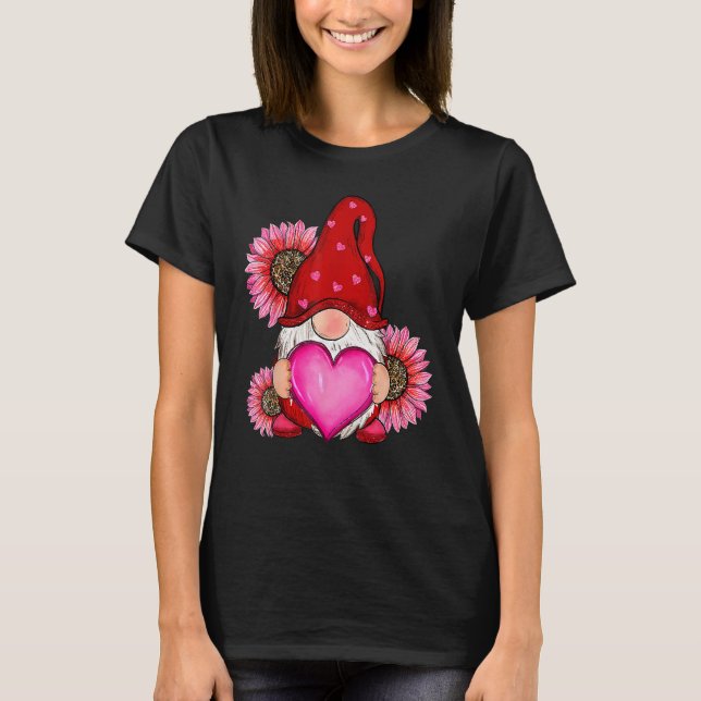 Happy Valentine's Day Gnome with Leopard Sunflower T-Shirt (Front)