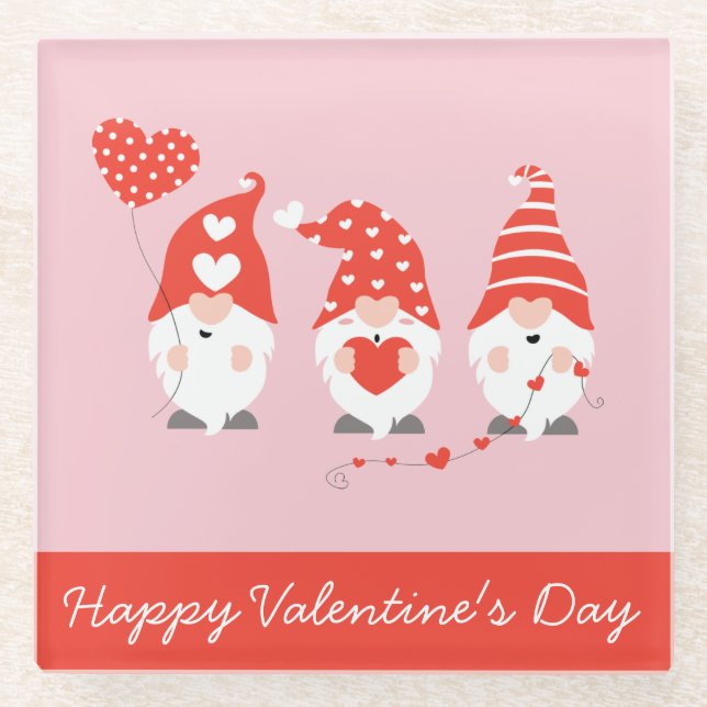 Happy Valentines Day Gnomes Red Pink Glass Coaster (Front)