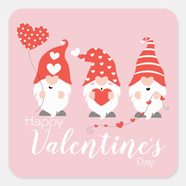 Happy Valentines Day Gnomes Red Pink Square Sticker (Front)