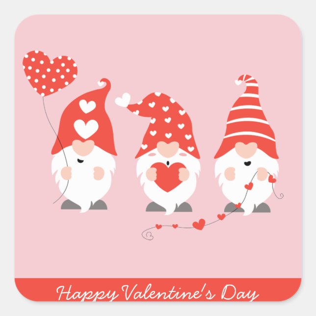Happy Valentines Day Gnomes Red Pink Square Sticker (Front)