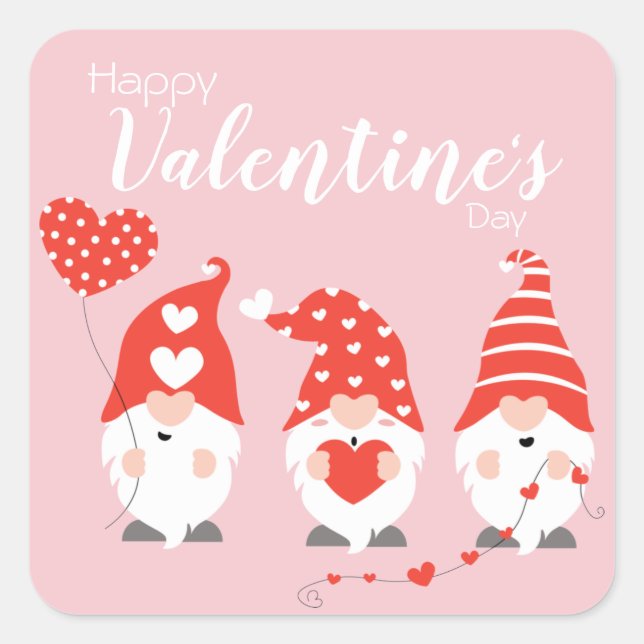 Happy Valentines Day Gnomes Red Pink Square Sticker (Front)