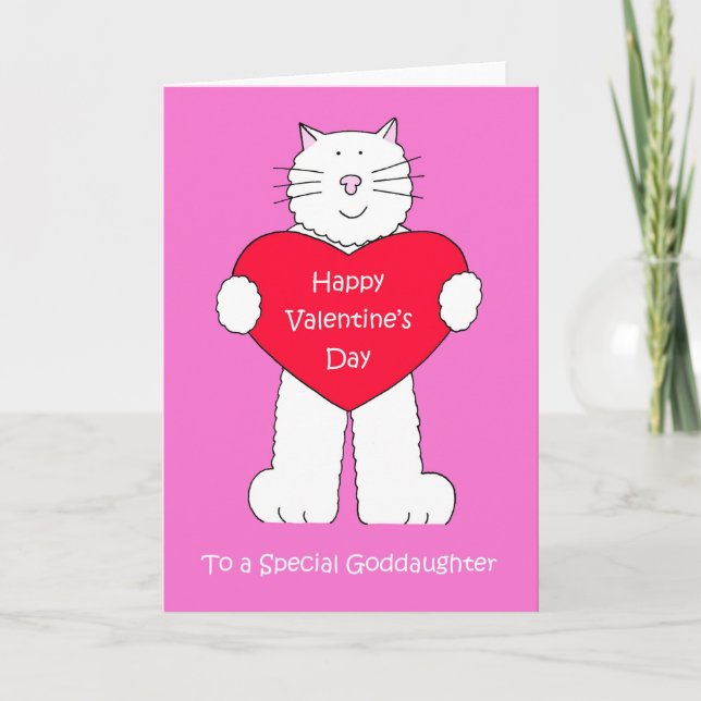 Happy Valentine's Day Goddaughter Cartoon Cat Holiday Card (Front)