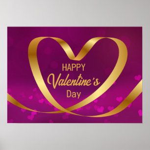 Happy Valentine's Day Gold Heart Ribbon Purple Poster