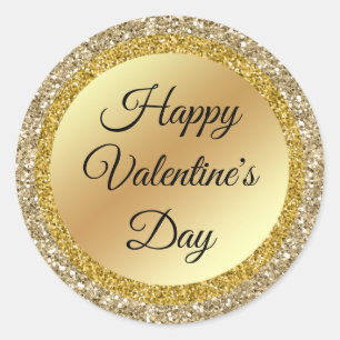 happy valentines day, gold metallic glitters  classic round sticker