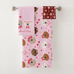 Happy Valentines Day Golden Retriever Dogs Bath Towel Set