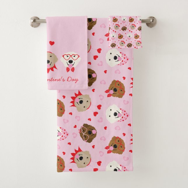 Happy Valentines Day Golden Retriever Dogs Bath Towel Set (Insitu)
