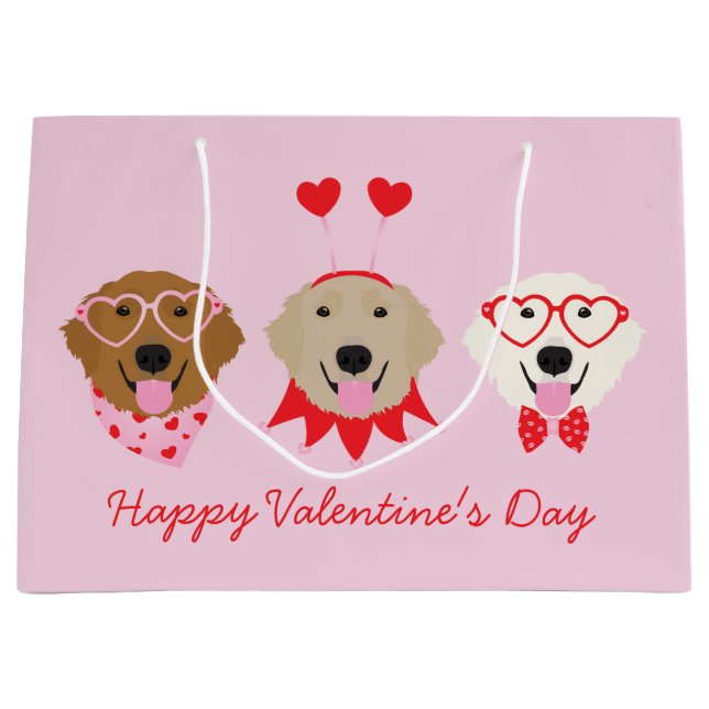 Happy Valentines Day Golden Retriever Dogs Large Gift Bag (Front)