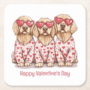 Happy Valentines Day Golden Retriever Dogs Square Paper Coaster