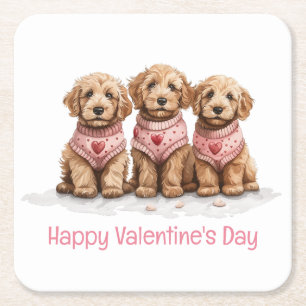 Happy Valentines Day Goldendoodle Dogs Square Paper Coaster