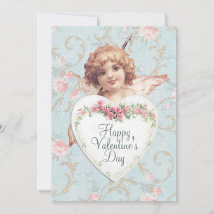 Happy Valentine's Day Heart Cupid Rose Teal Sweet Holiday Card