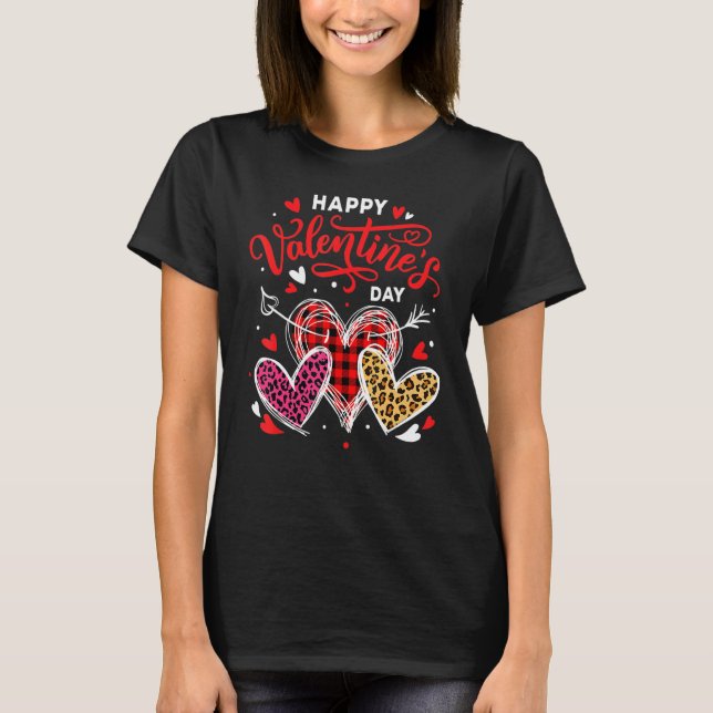 Happy Valentines Day Heart Leopard Buffalo Plaid H T-Shirt (Front)