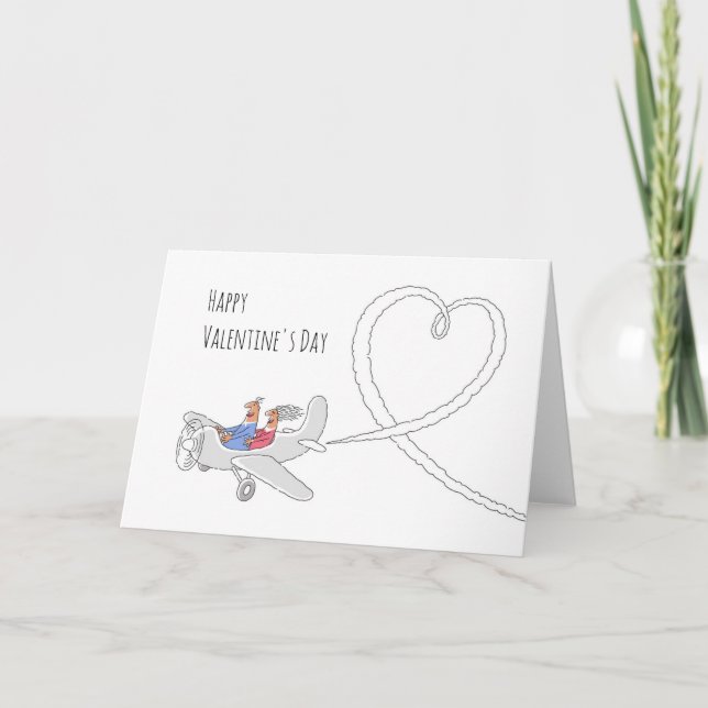 Happy Valentine's Day Heart Love Couple Airplane Holiday Card (Front)
