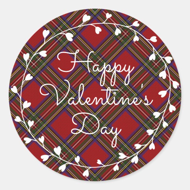 Happy Valentine's Day Heart Plaid Wreath Classic Round Sticker (Front)
