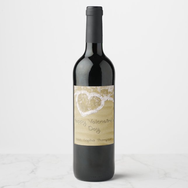 "Happy Valentine's Day" Heart written in Sand Wine Label (Front)