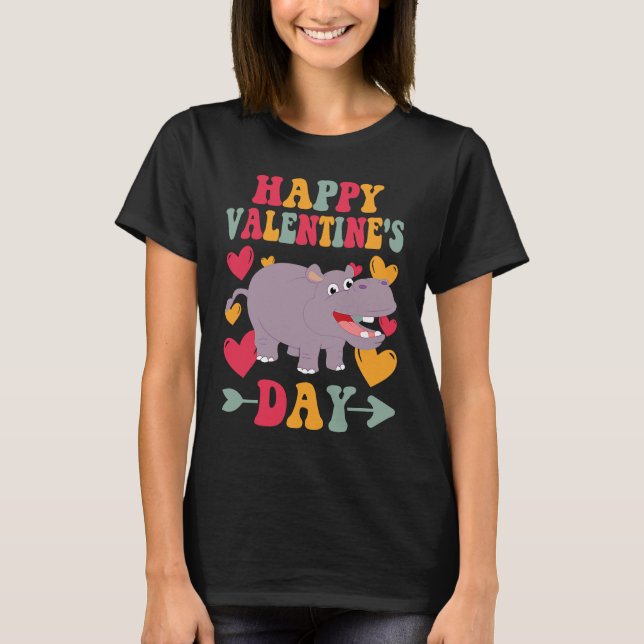 Happy Valentines Day Hippo Heart Love Groovy T-Shirt (Front)