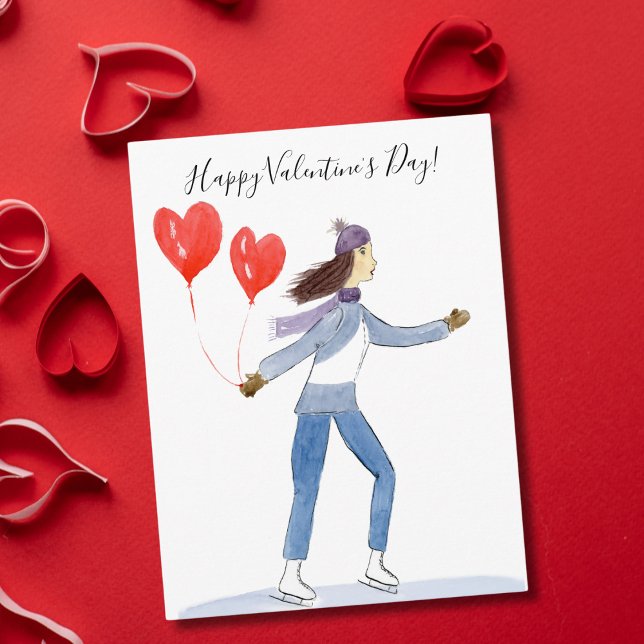 Happy Valentine's Day Ice Skater Watercolor Postcard (Creator Uploaded)