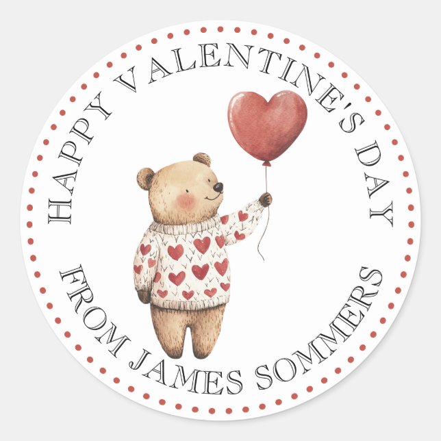 Happy Valentine's Day Kid's Bear Heart Classic Round Sticker (Front)
